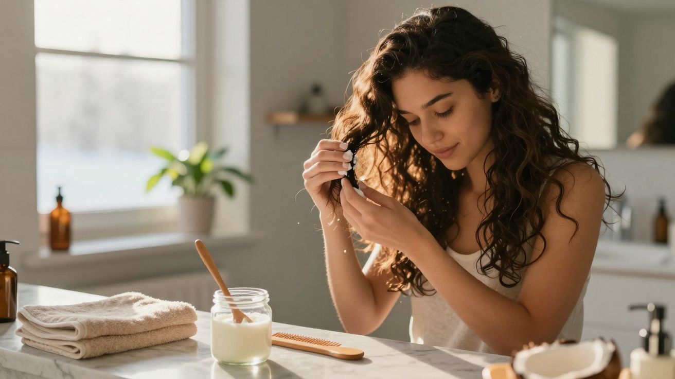 Mulher aplicando óleo de cabelo em fios cacheados sentada à mesa em ambiente iluminado e acolhedor.
