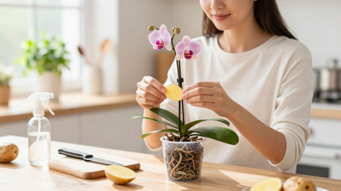 Mulher cuidando de orquídea roxa em vaso transparente na cozinha, usando pedaço de batata.