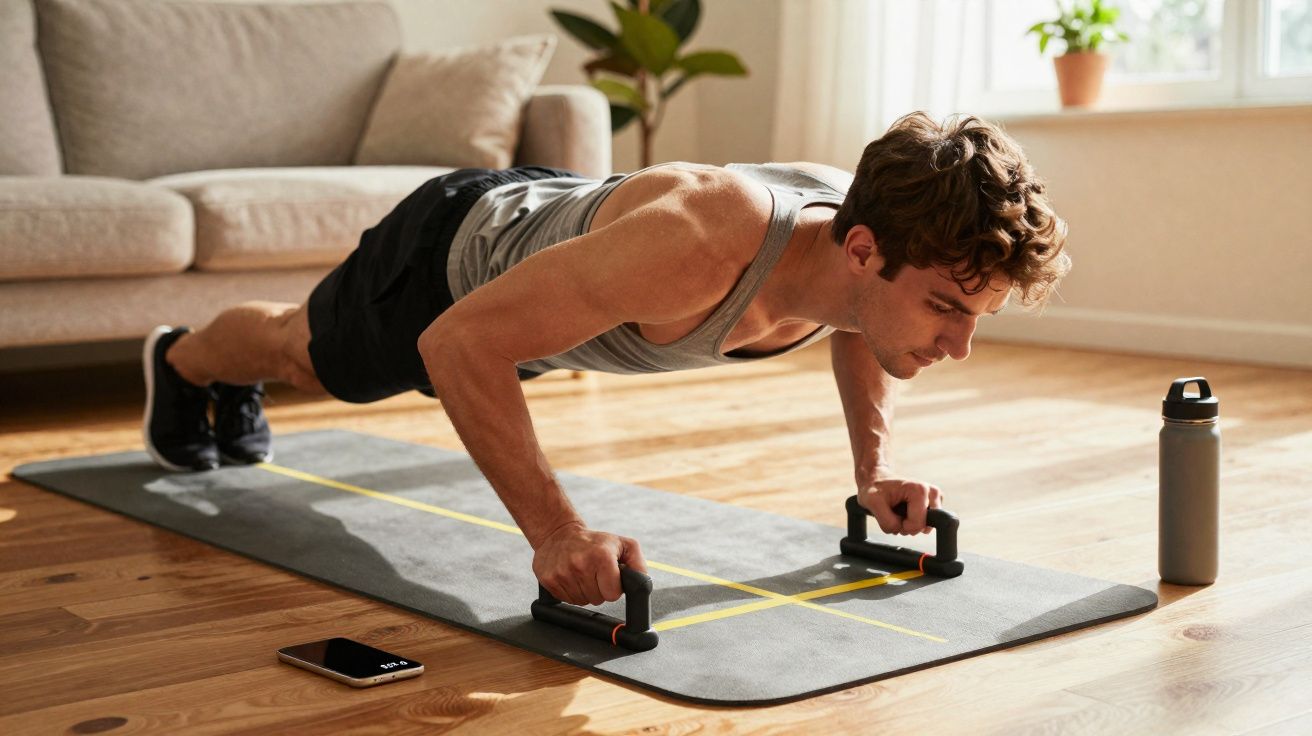 Homem fazendo flexão com apoio para as mãos em tapete na sala iluminada.