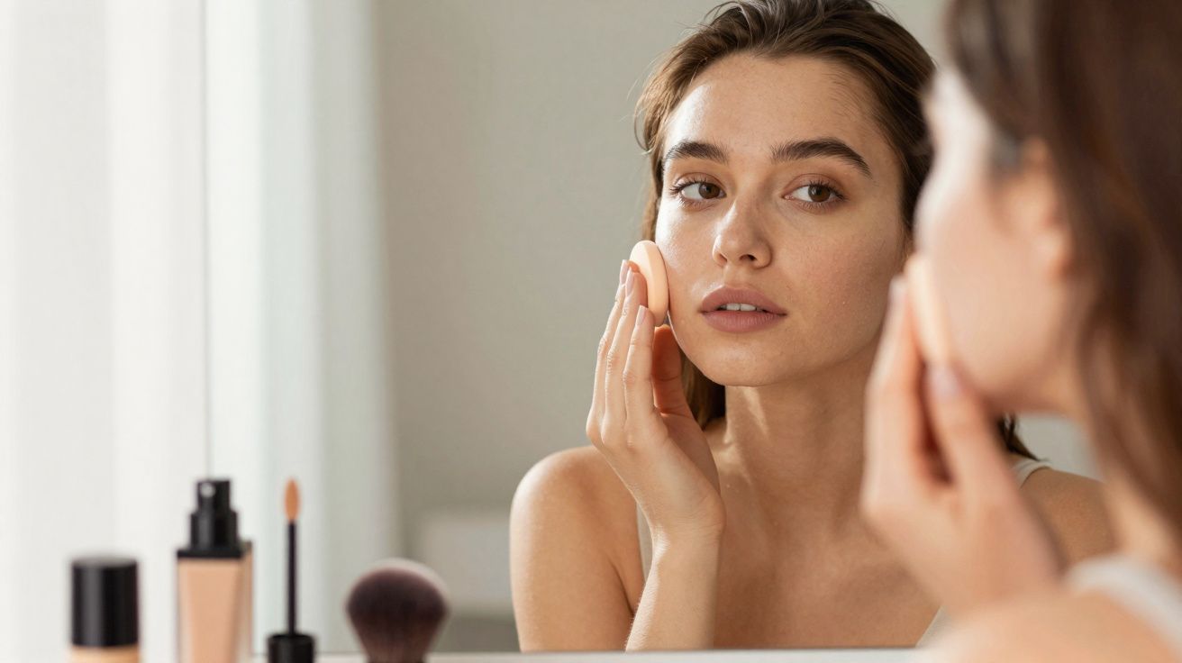 Mulher jovem aplica maquiagem no rosto usando esponja em frente ao espelho em ambiente claro.