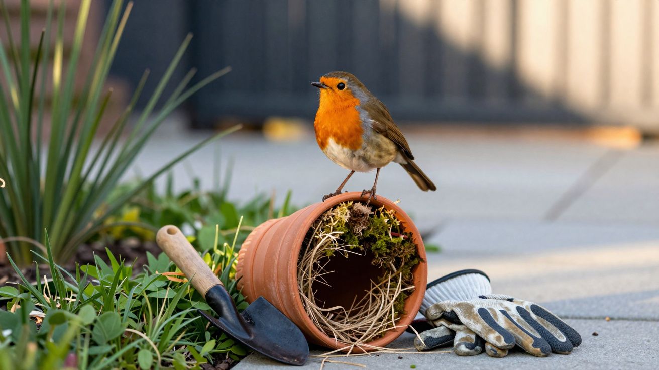 Pássaro de peito laranja sobre vaso de barro tombado, com pá de jardinagem e luvas ao lado em jardim.