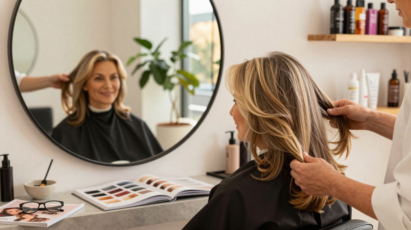 Mulher loira sentada em salão de beleza enquanto cabeleireiro ajeita seu cabelo na frente do espelho.