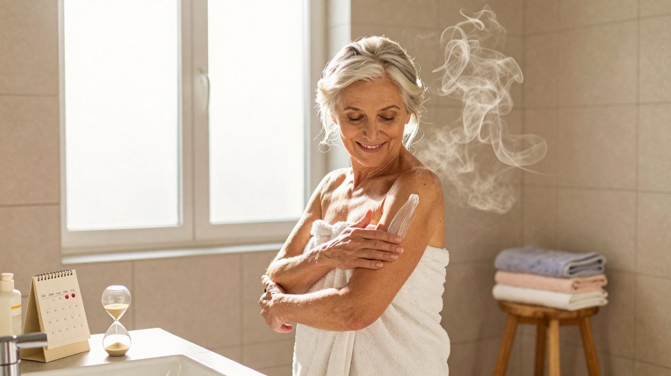 Mulher madura sorrindo aplica creme no braço em banheiro iluminado com toalha branca.
