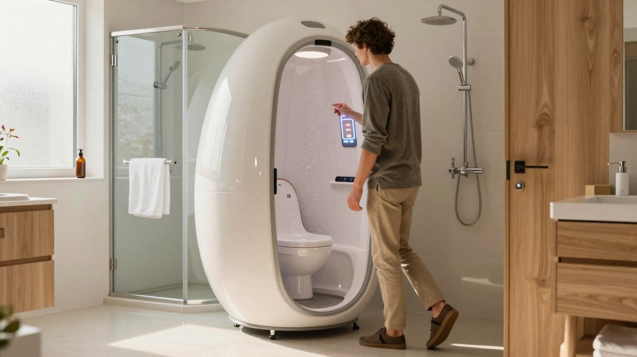 Homem usa dispositivo futurista em formato oval na moderna banheiro com chuveiro e bancada de madeira.