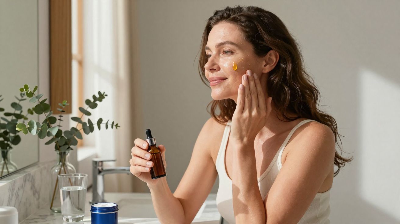 Mulher aplicando óleo facial em banho com luz natural e planta ao fundo no banheiro.