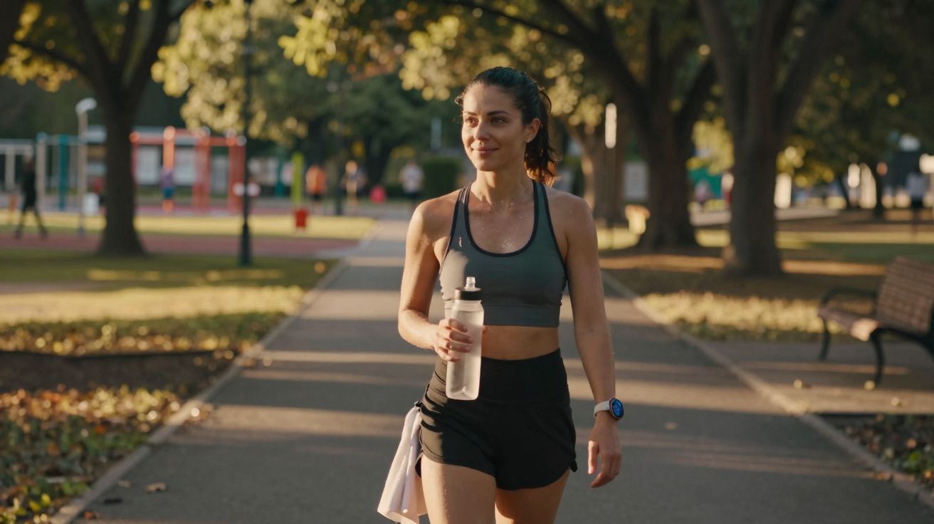 Mulher caminhando em parque ao entardecer, usando roupas esportivas e segurando uma garrafa de água.