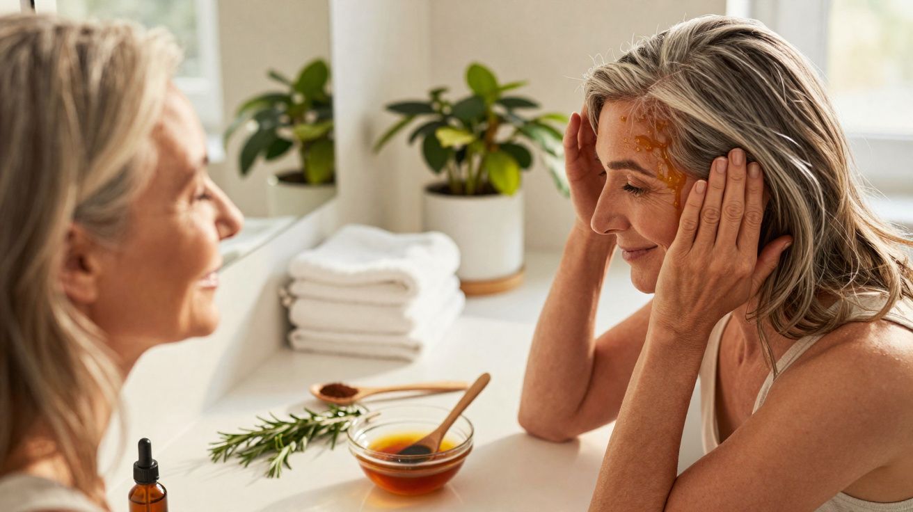 Mulher aplicando máscara facial caseira de mel no rosto em banheiro iluminado.