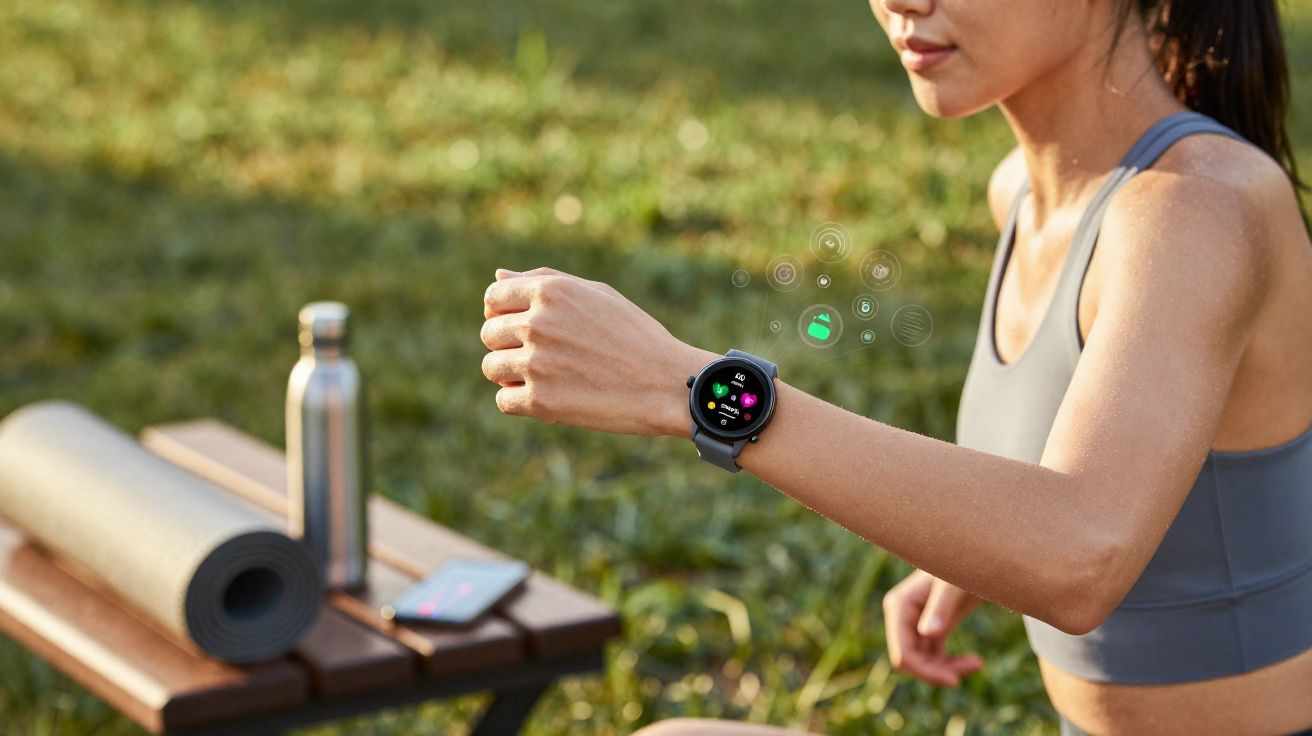 Mulher vestindo roupa esportiva conferindo smartwatch em banco de parque com tapete e garrafa ao fundo.