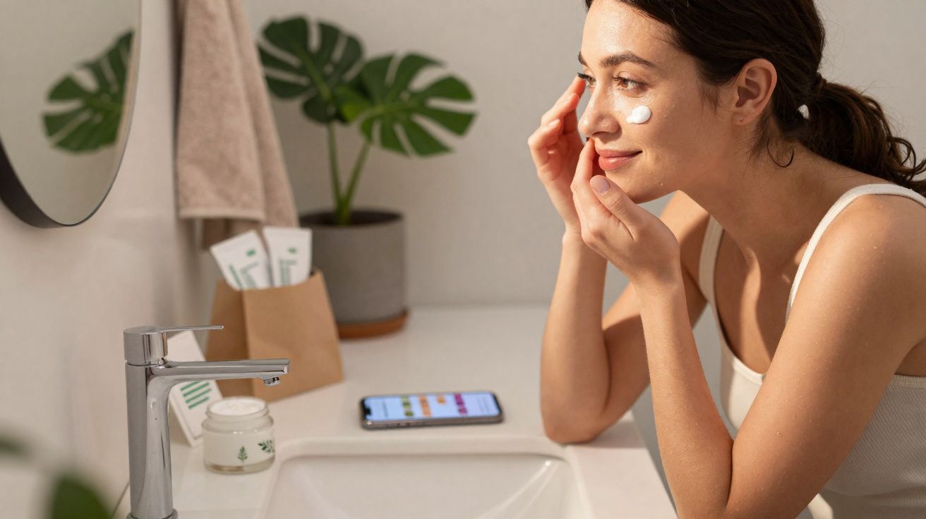 Mulher aplicando creme facial no rosto em banheiro iluminado, com planta e espelho ao fundo.