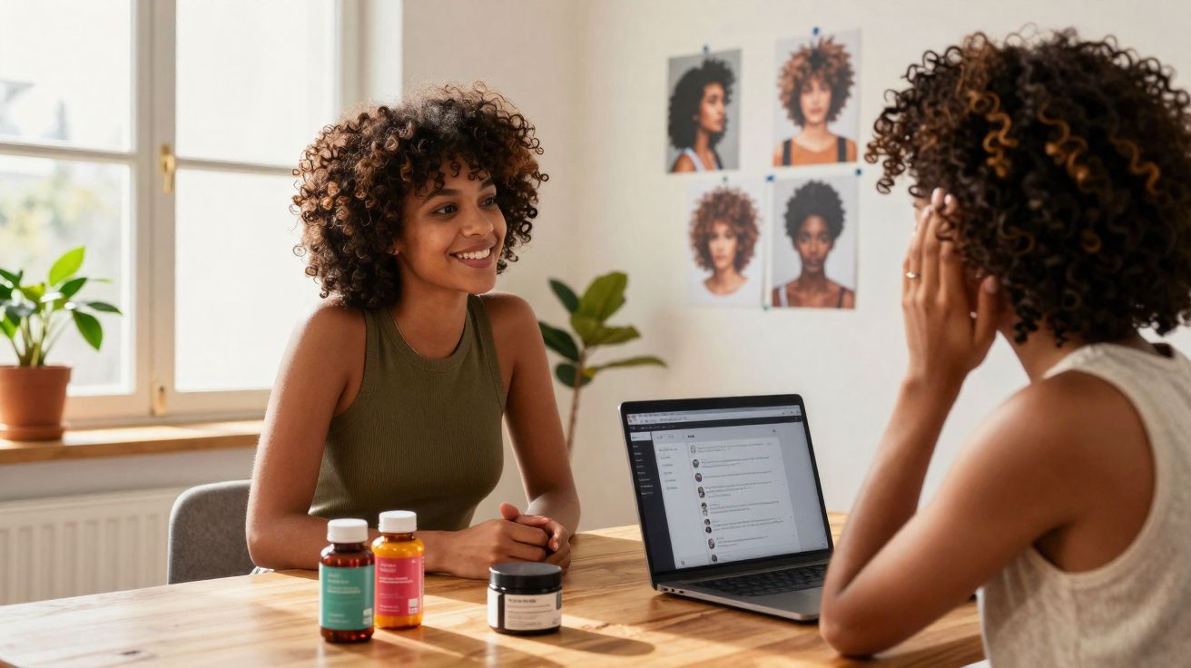 Duas mulheres com cabelo cacheado conversam em mesa com frascos de produtos e notebook aberto.