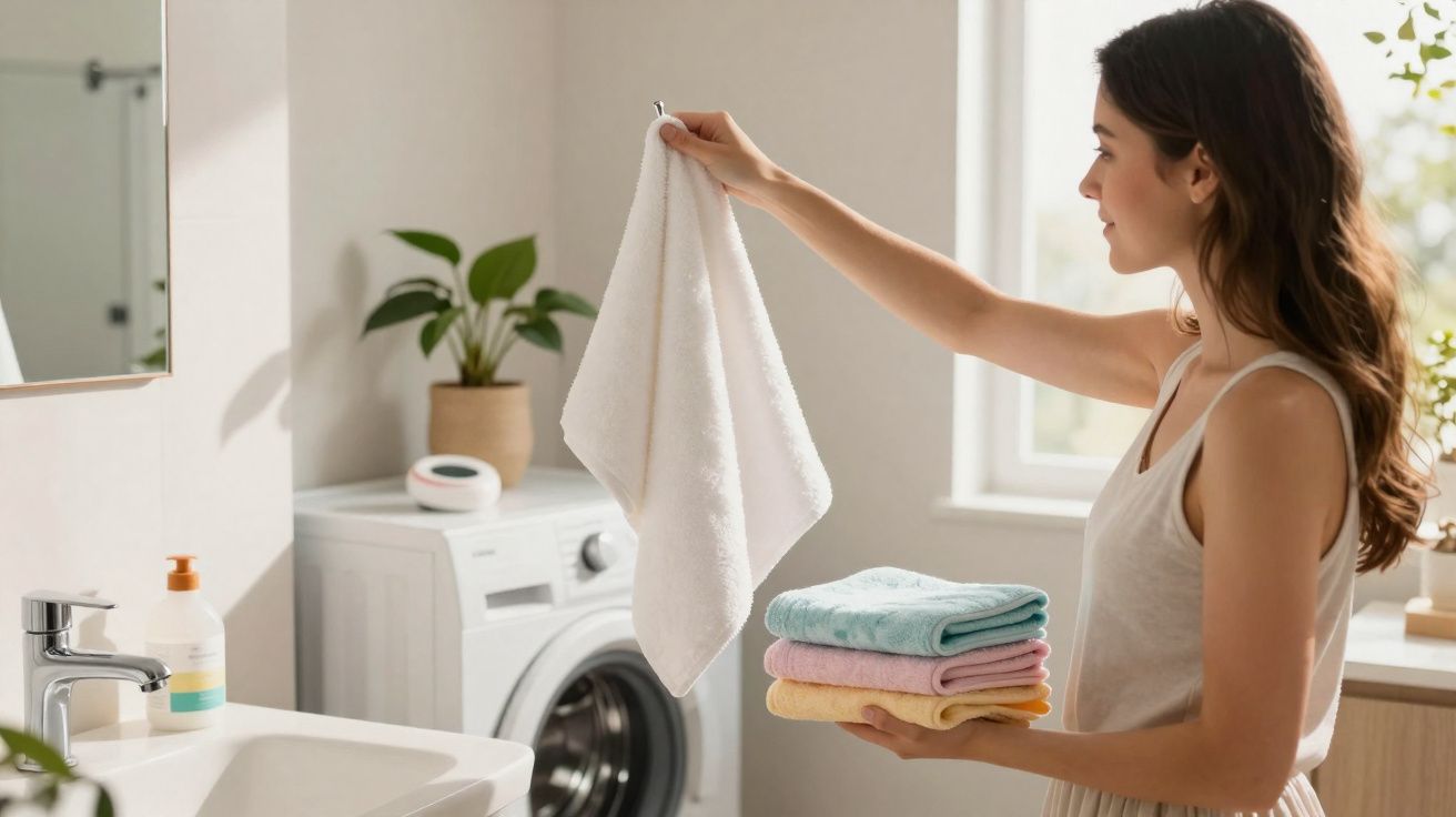 Mulher segurando toalhas dobradas e levantando uma toalha branca em lavanderia iluminada.