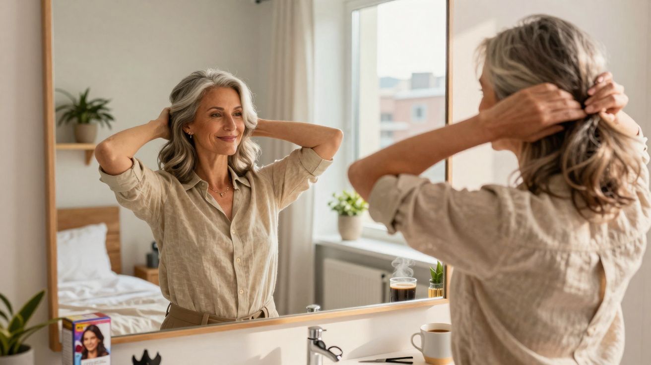 Mulher madura sorrindo arruma o cabelo em frente ao espelho de banheiro iluminado.