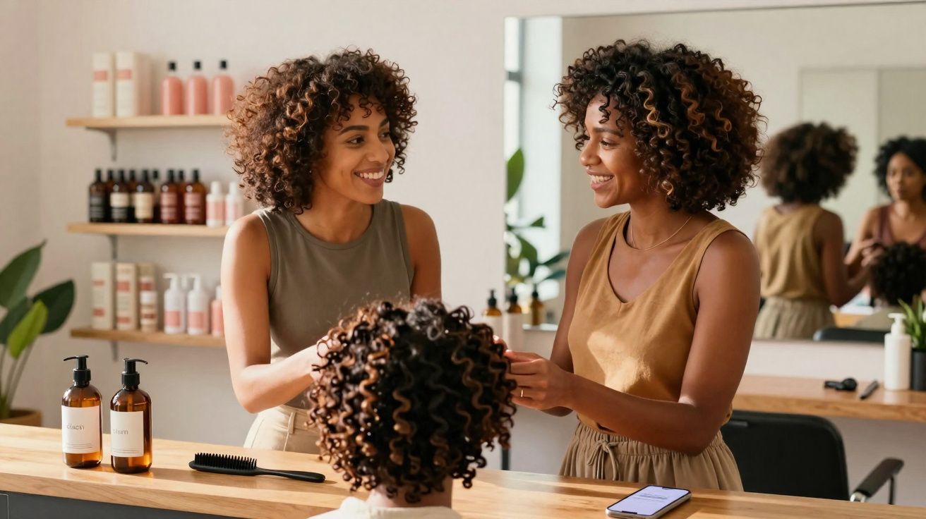 Cliente e cabeleireira negras sorrindo em salão enquanto cuidam do cabelo cacheado, com produtos e espelho ao fundo.