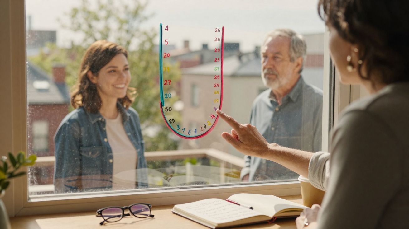 Pessoa apontando para gráfico em janela de escritório, com duas pessoas observando do lado externo.
