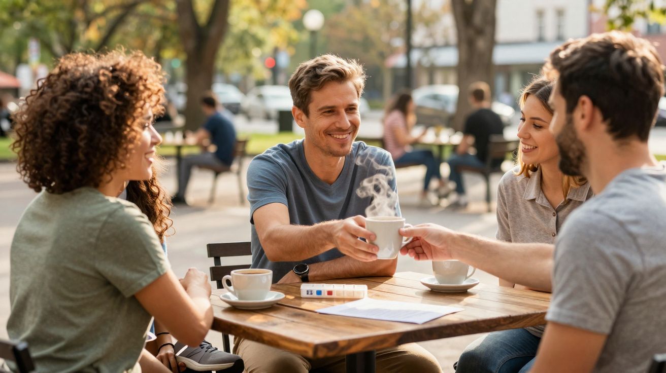 Quatro amigos sorrindo e tomando café em mesa ao ar livre em um dia ensolarado.