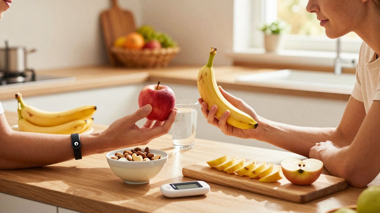 Duas pessoas com frutas, bowl de castanhas e monitor de glicose em cozinha iluminada.