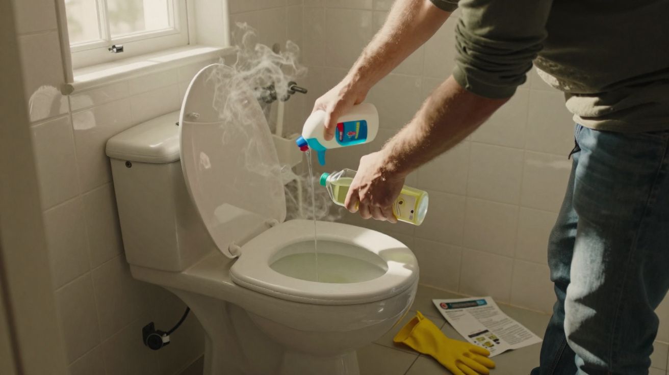 Pessoa despejando produtos de limpeza em vaso sanitário branco em banheiro iluminado por janela.