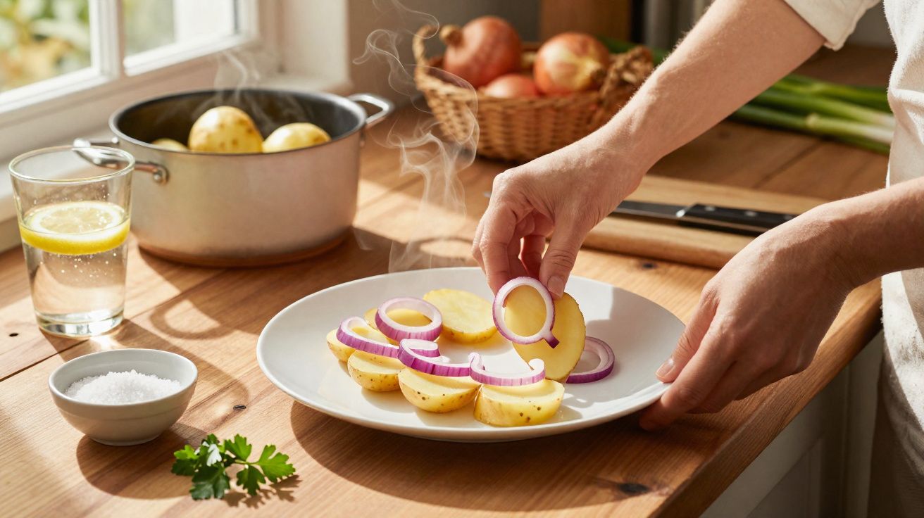 Mãos arrumando rodelas de batata e cebola roxa em prato branco, com panela de batatas ao fundo.