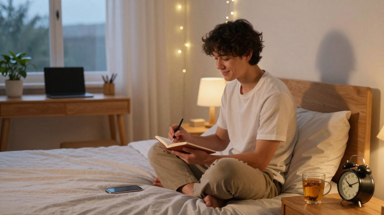Jovem sentado na cama escrevendo em caderno com luz suave, relógio, chá e celular ao lado.
