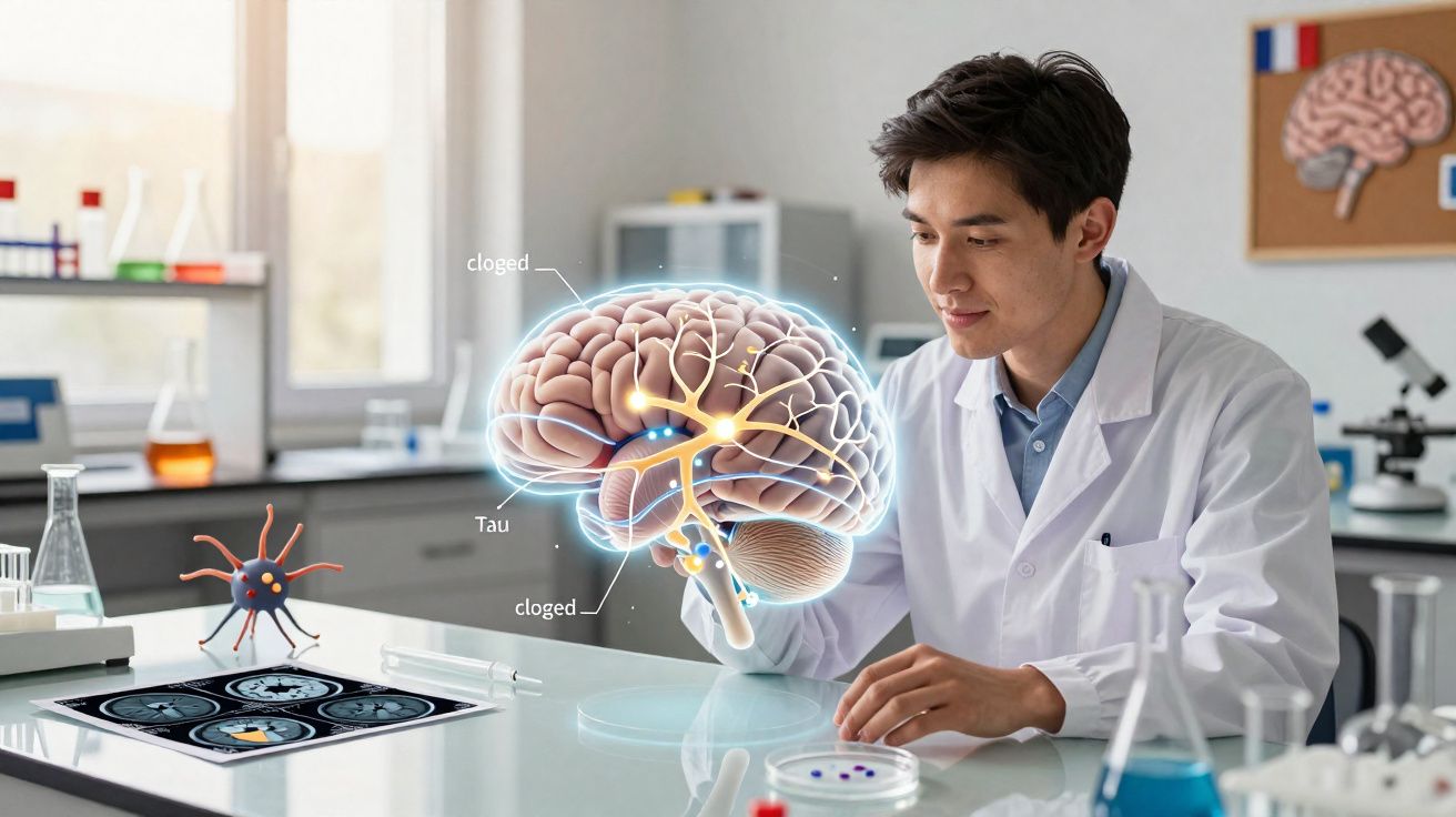 Pesquisador em laboratório observa imagem digital de cérebro humano com áreas destacadas.