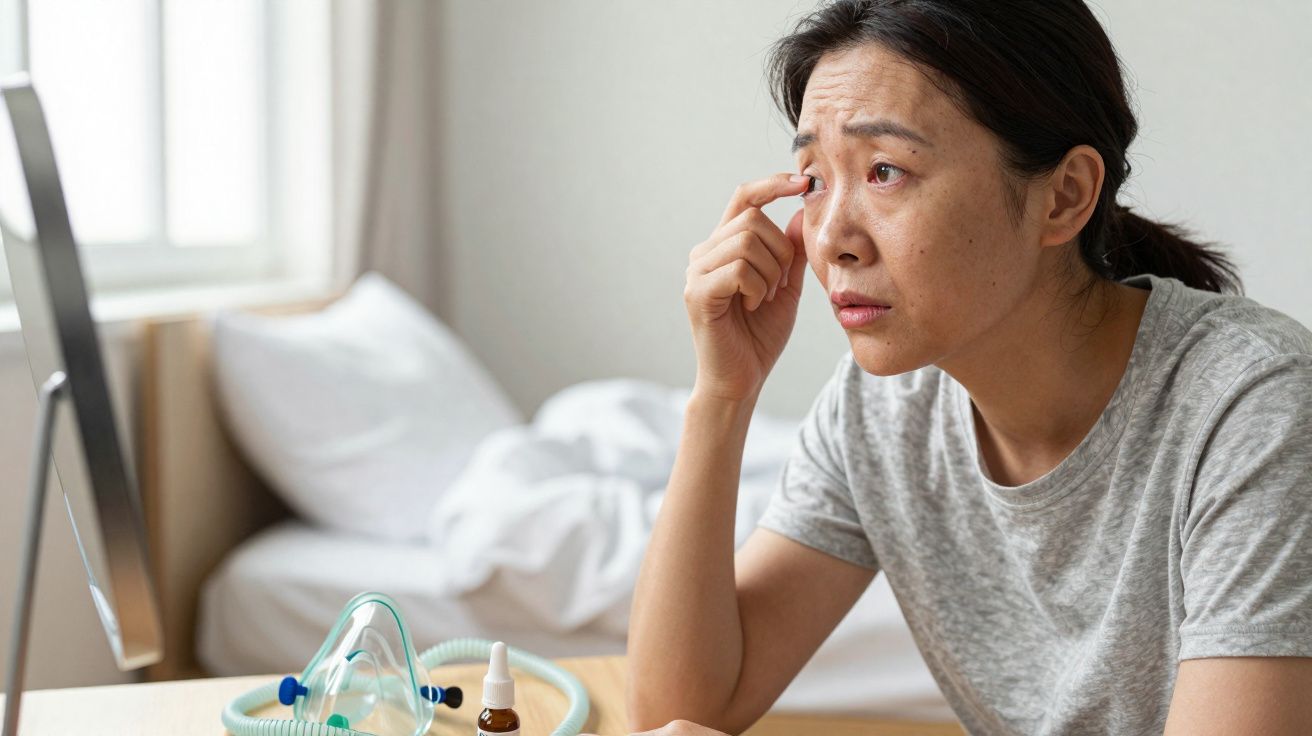 Mulher passando colírio no olho com equipamento médico ao fundo em quarto iluminado.