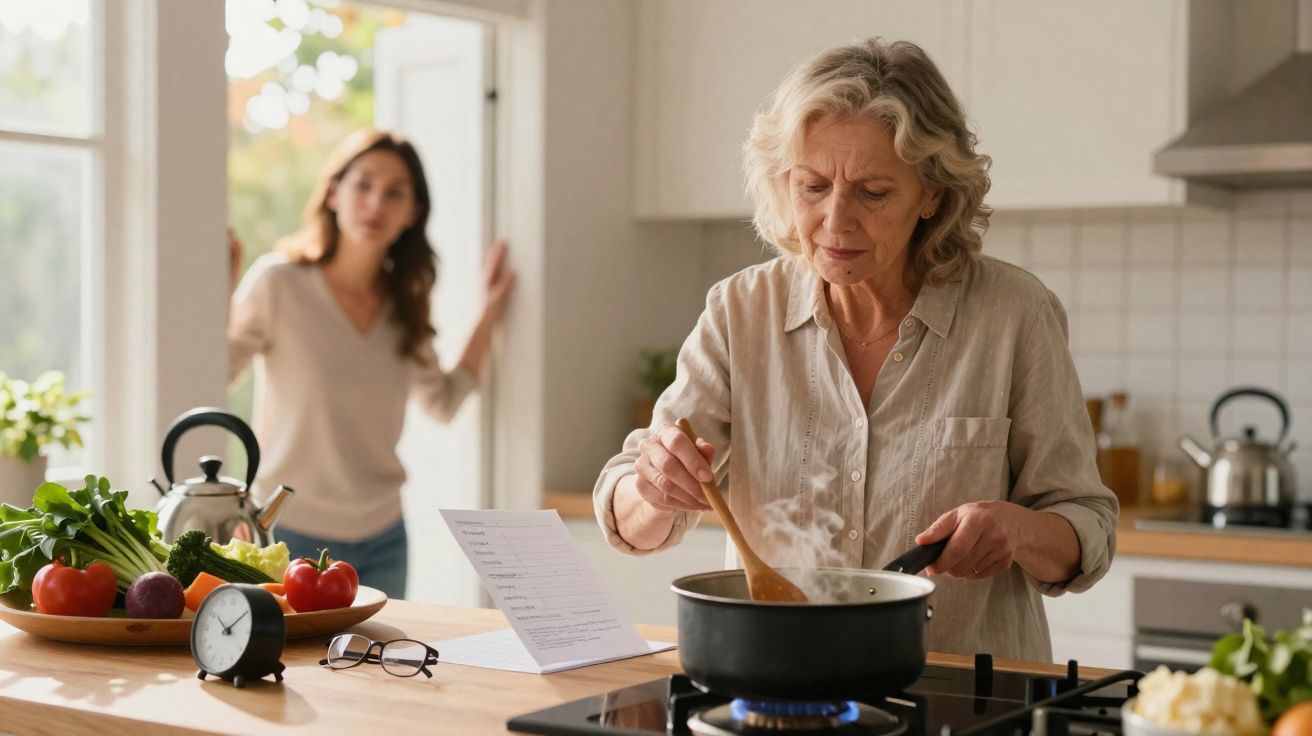 Mulher idosa cozinhando e mulher mais jovem observando na cozinha moderna iluminada.