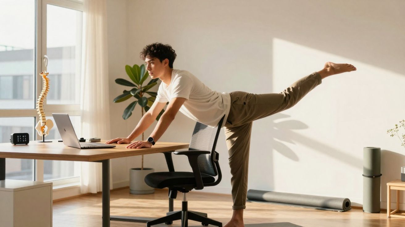 Homem jovem fazendo alongamento apoiado em mesa com laptop em escritório iluminado pelo sol.