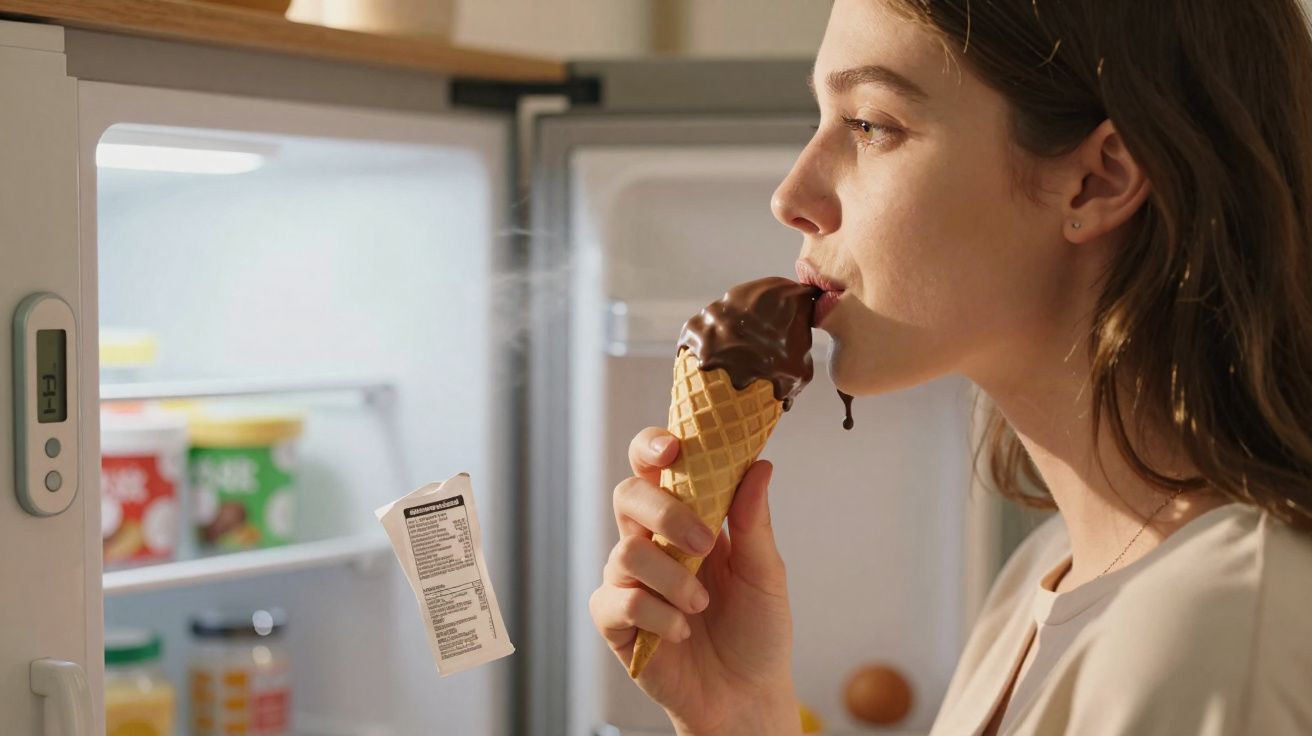 Mulher segurando e saboreando sorvete de casquinha com cobertura de chocolate perto da geladeira aberta.