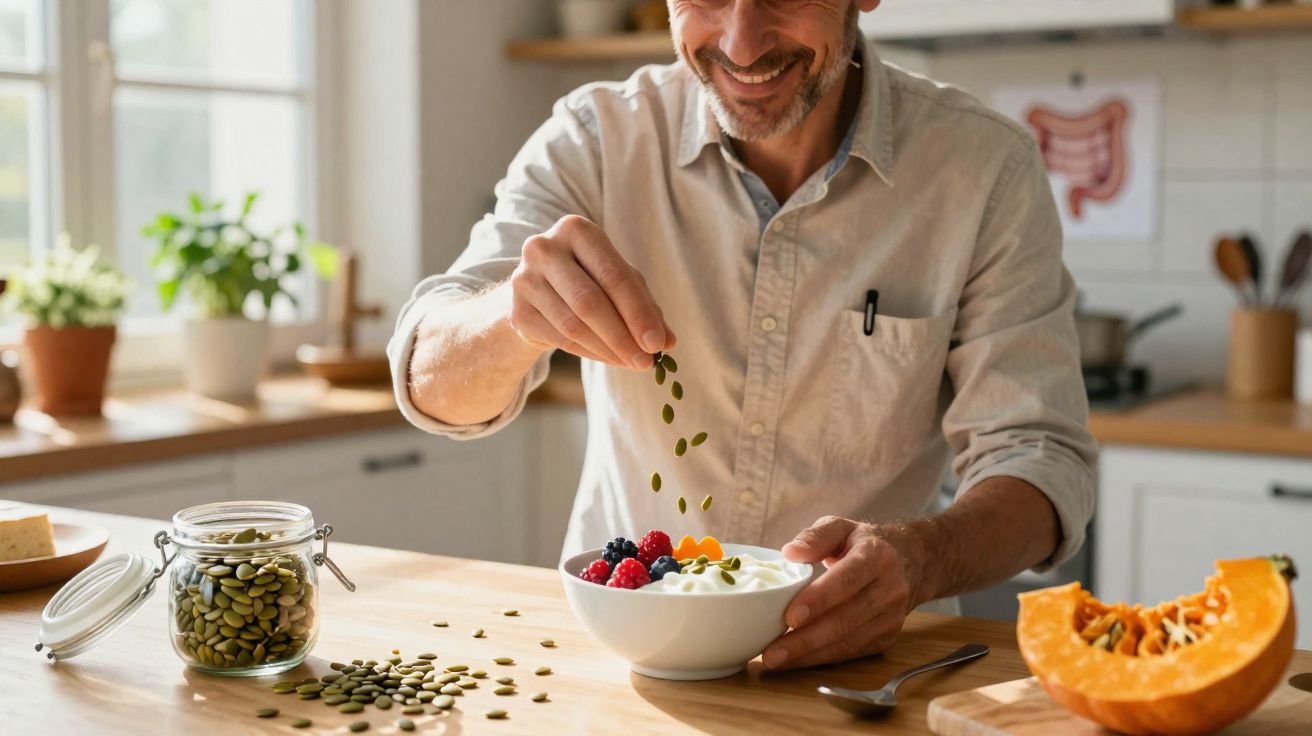 Homem sorridente preparando tigela com iogurte, frutas e sementes em cozinha iluminada.
