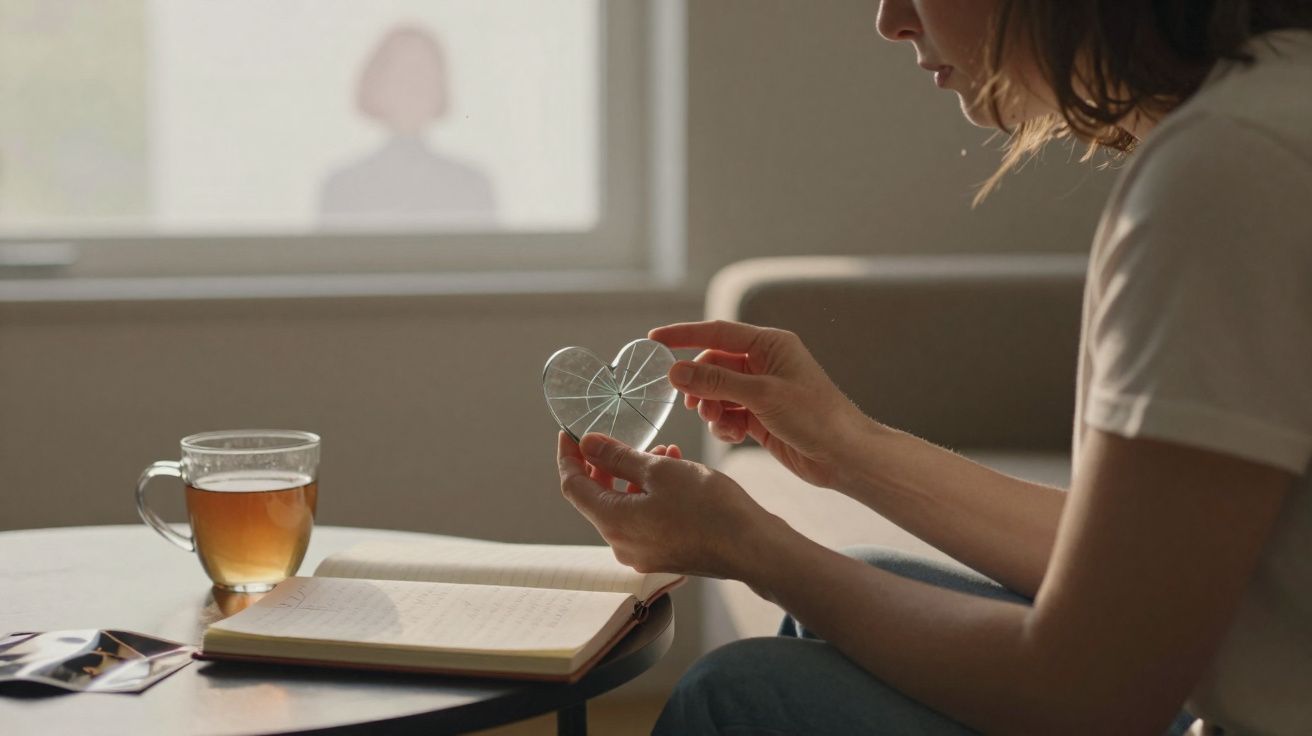 Mulher segurando coração transparente quebrado, mesa com chá e caderno aberto em ambiente iluminado.