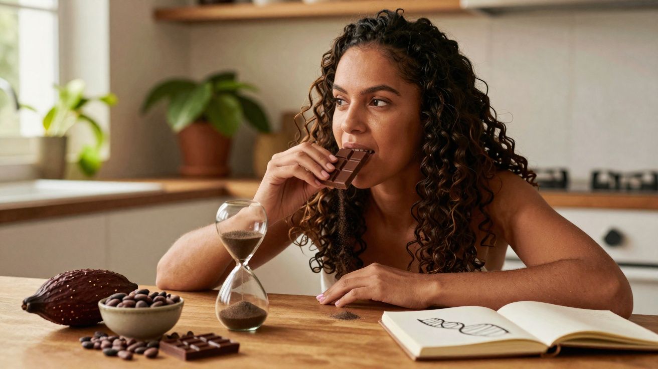 Mulher com cabelos cacheados come chocolate na cozinha, com cacau, ampulheta e livro à sua frente.