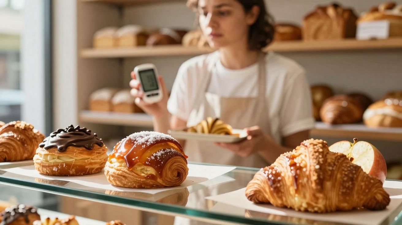 Mulher em padaria segura aparelho medidor perto de doces e croissants expostos no balcão de vidro.