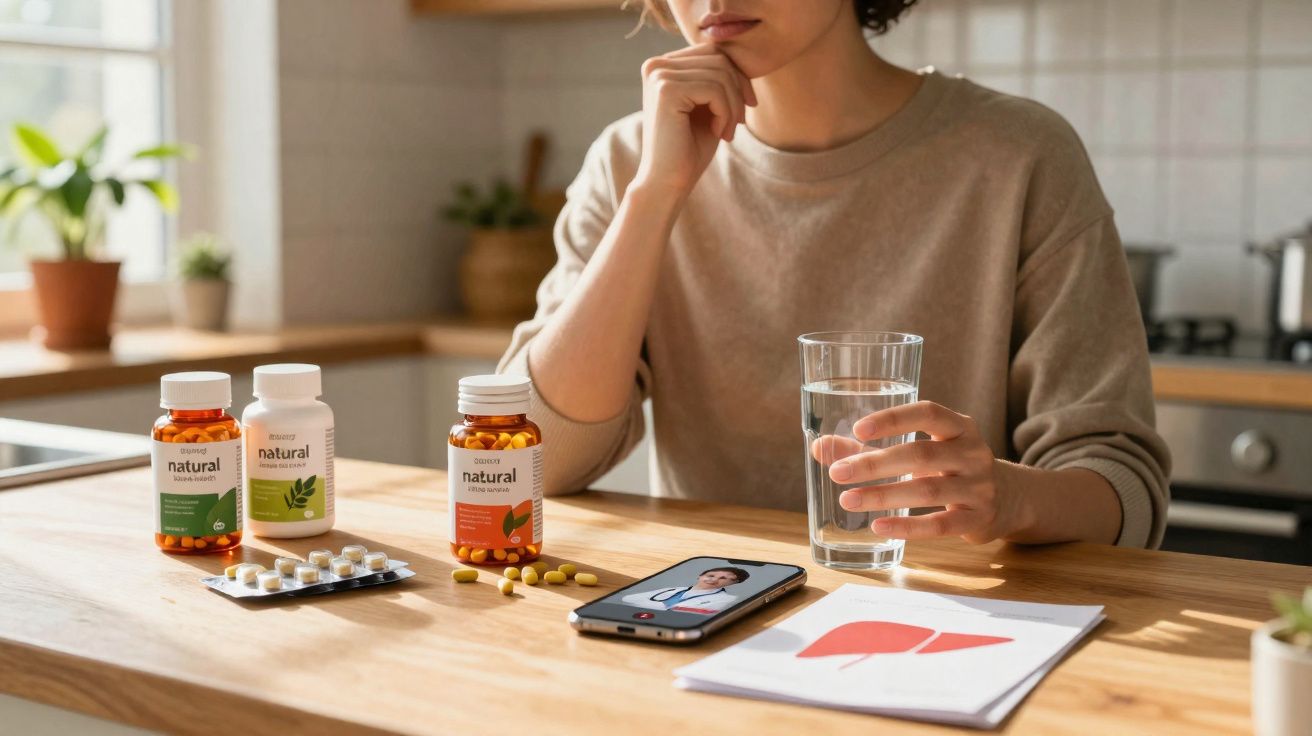 Pessoa segurando copo d'água, com frascos de medicamentos naturais, celular e imagem de fígado na mesa.