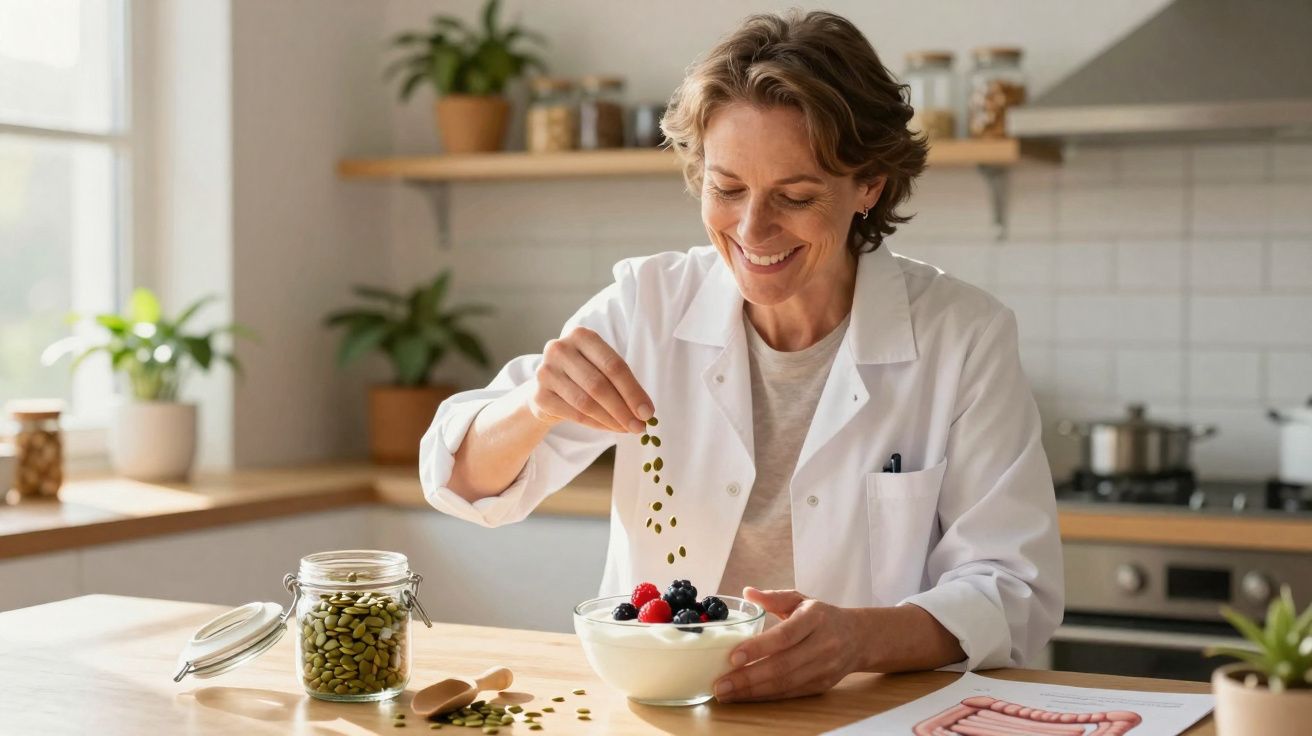 Mulher sorridente em jaleco branco adiciona sementes a um bowl de iogurte com frutas na cozinha.