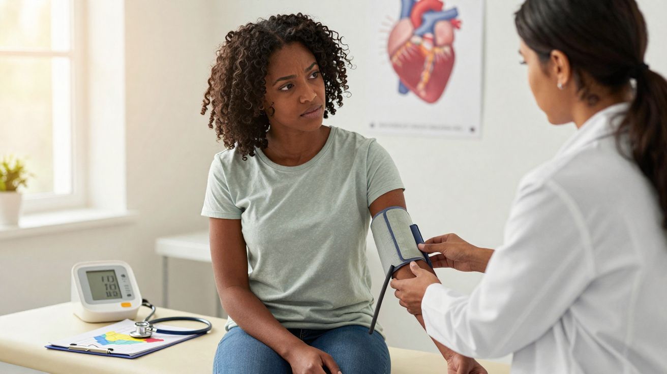 Médica medindo pressão arterial de paciente em consultório com pôster de coração ao fundo.