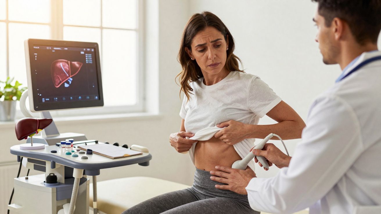 Mulher em consulta médica recebendo exame de ultrassom abdominal com médico em ambiente clínico iluminado.