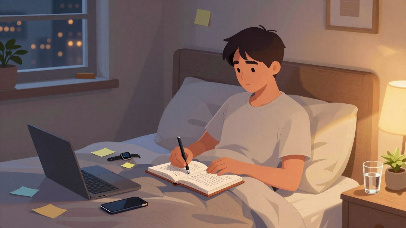Jovem escreve em caderno na cama à noite, com laptop aberto, celular e luminária acesa ao lado.