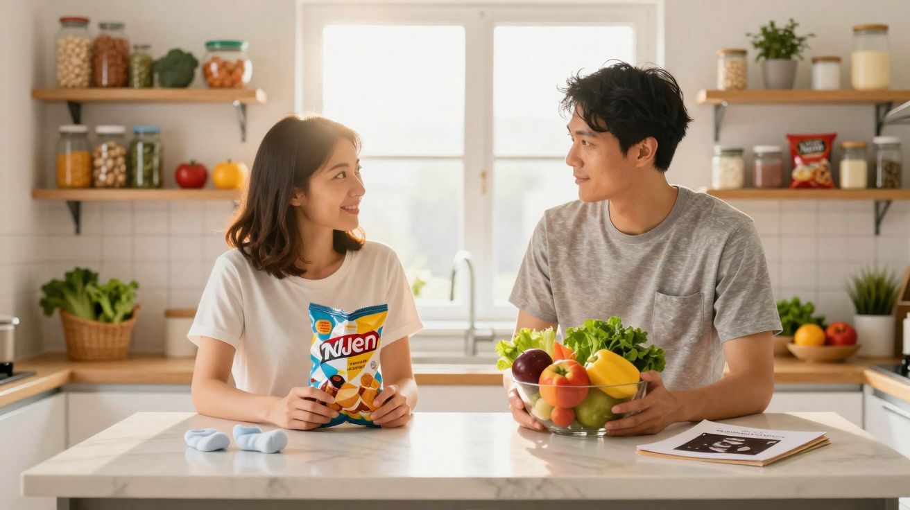 Casal sorridente na cozinha, mulher segura pacote de snacks e homem segura tigela de frutas e verduras.