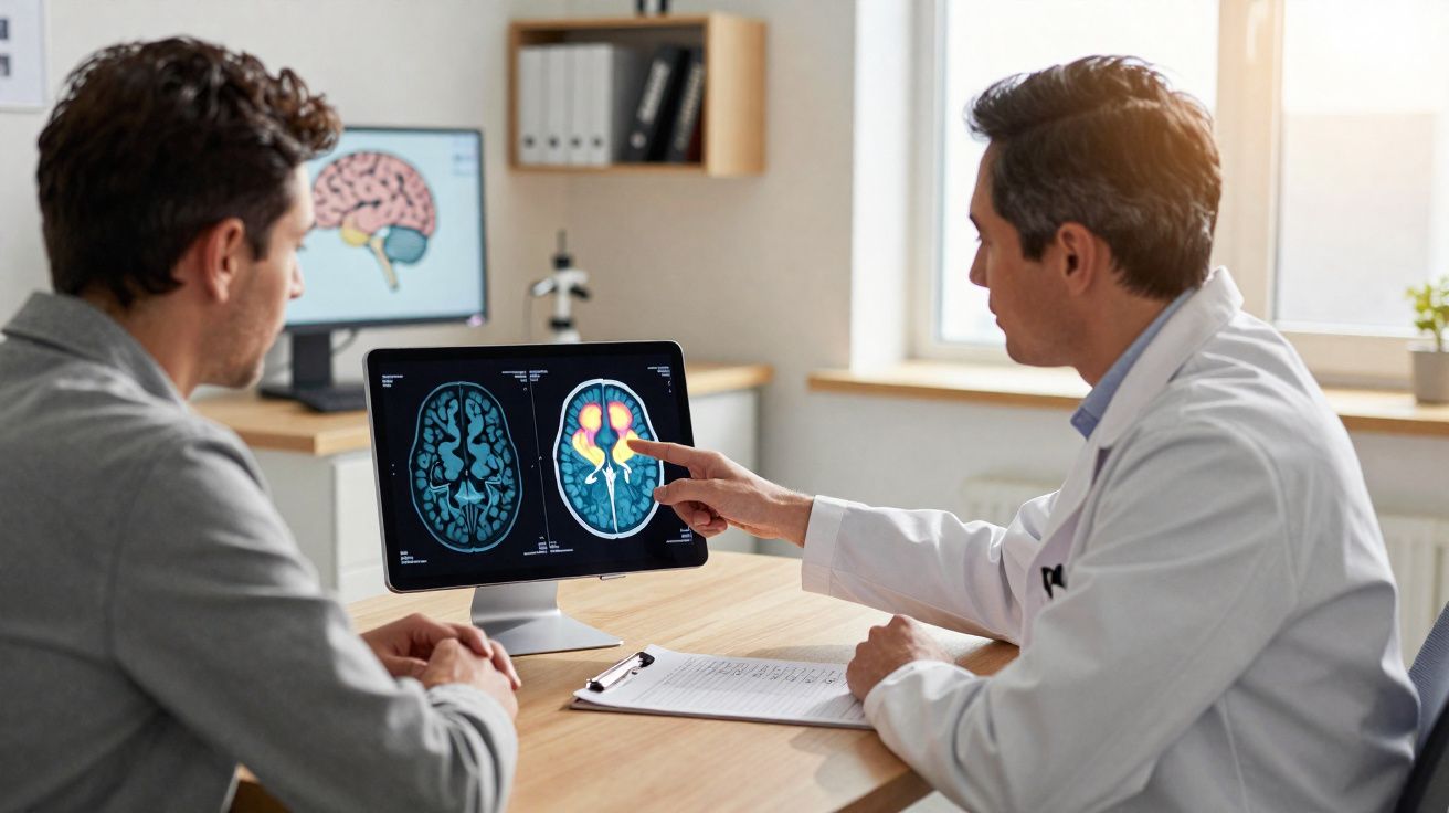 Médico e paciente analisando imagens de ressonância magnética do cérebro no consultório.