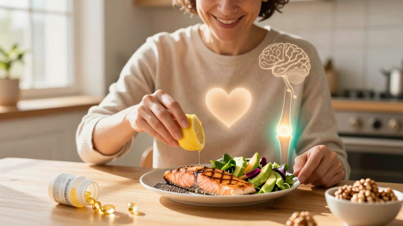 Pessoa espremendo limão sobre salmão grelhado com salada, destacando saúde do coração, cérebro e articulações.