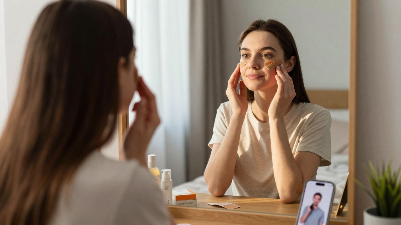 Mulher aplicando tiras faciais, olhando para espelho em quarto iluminado e smartphone com vídeo para surdos.