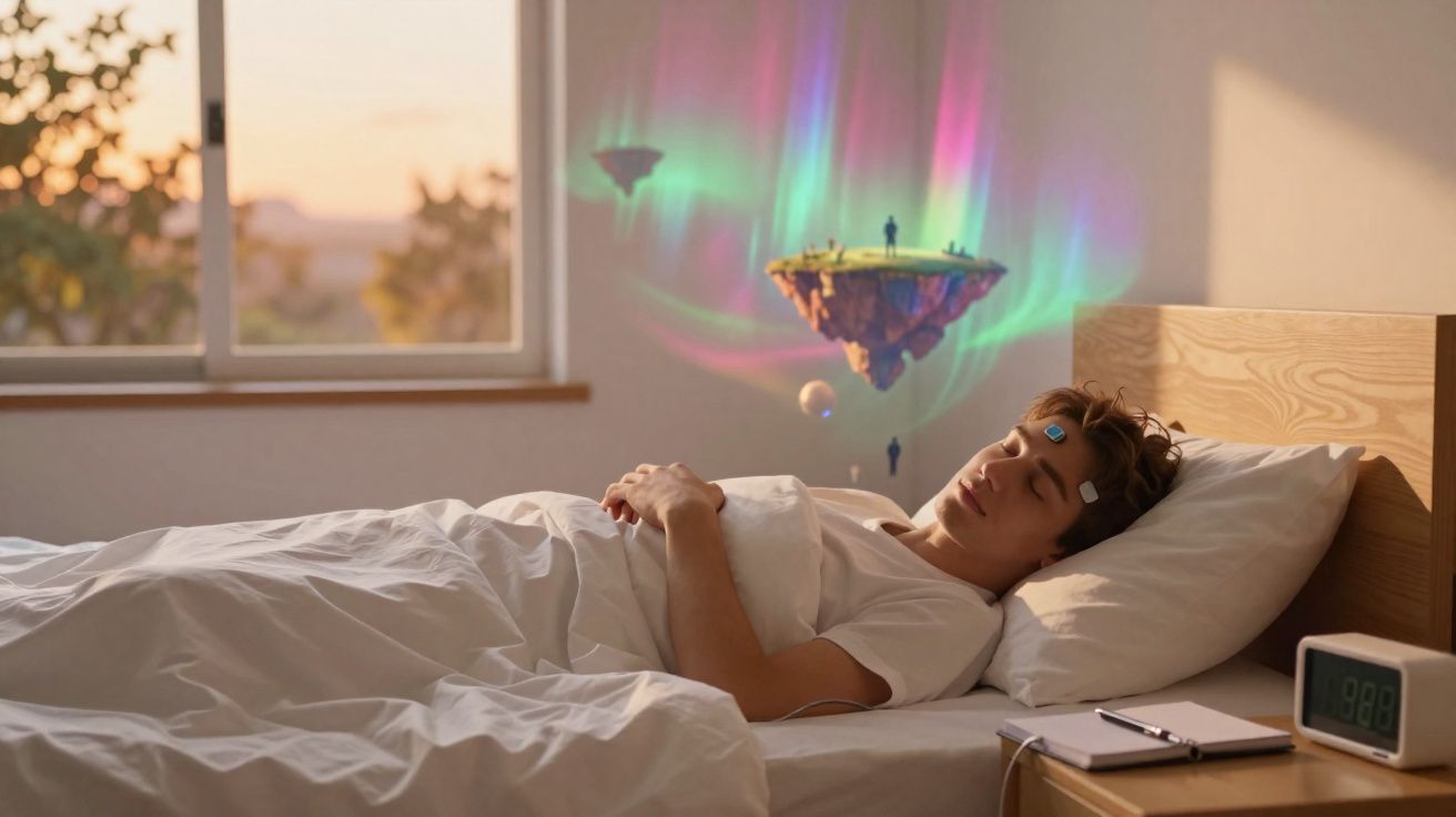 Jovem dormindo com adesivos na testa e projeção de ilhas flutuantes coloridas na parede do quarto.