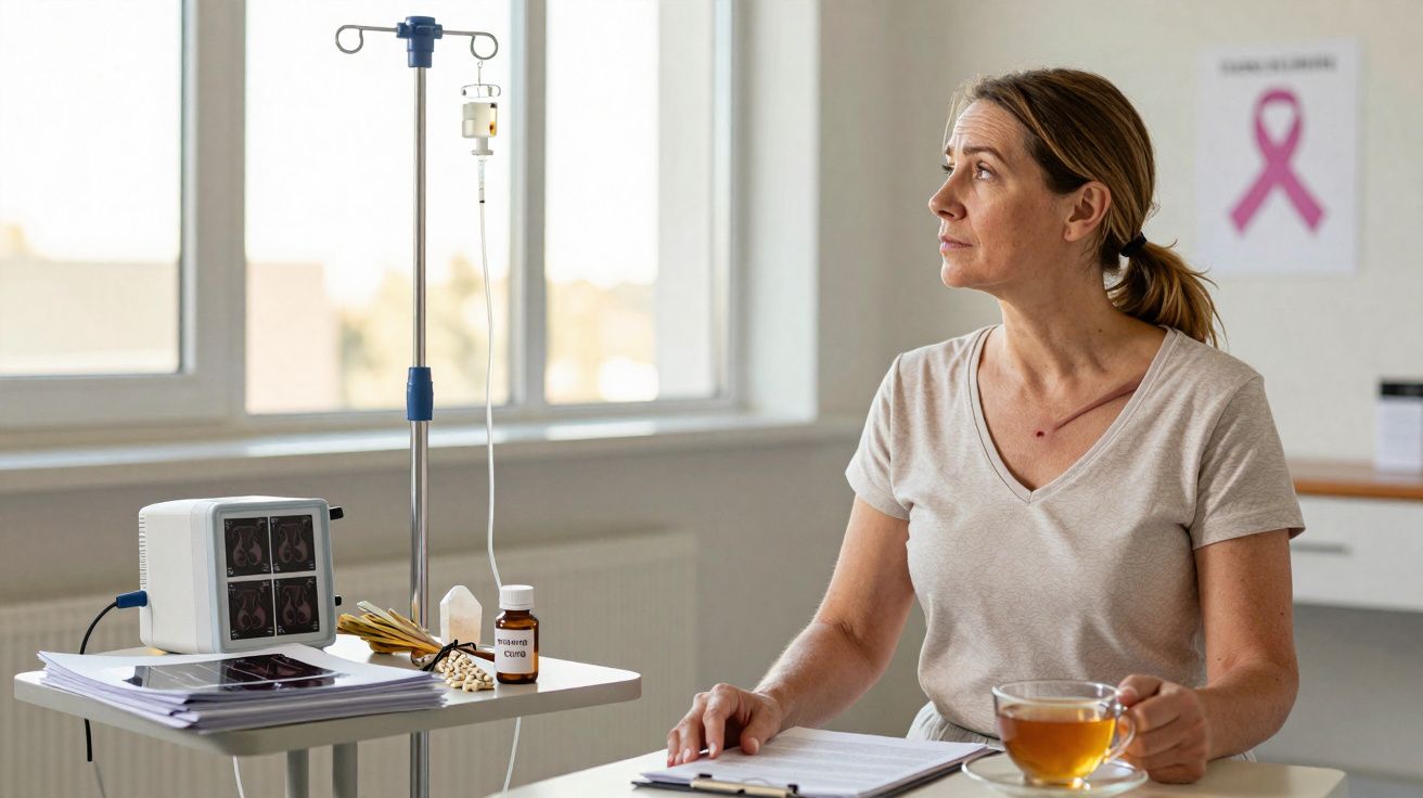 Mulher sentada em sala de atendimento oncológico, com soro, imagens médicas e faixa rosa de conscientização ao fundo.