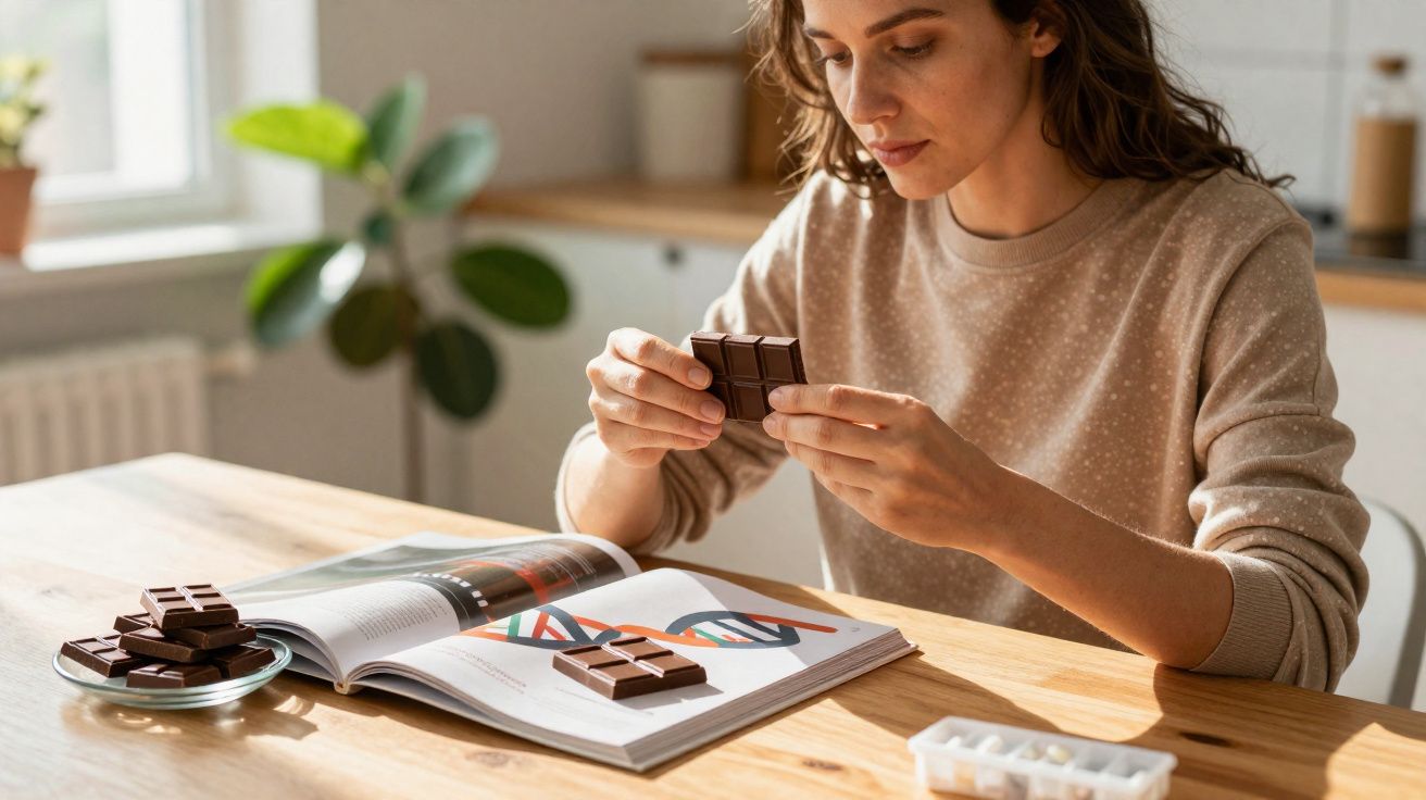Mulher sentada à mesa segurando pedaço de chocolate, com livro aberto e tablete de chocolate sobre a mesa.