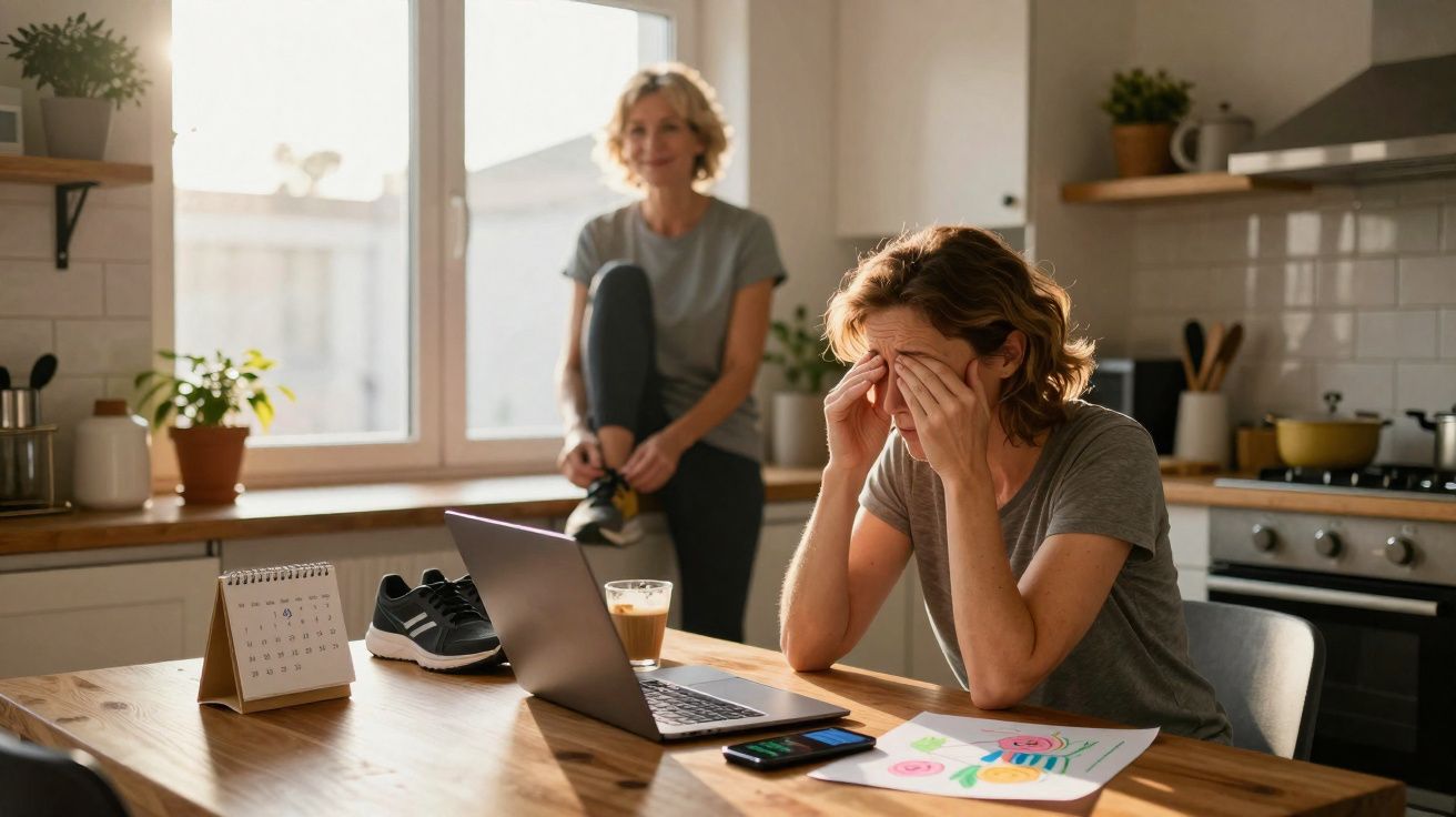 Mulher cansada esfregando os olhos sentada à mesa, outra ao fundo amarrando tênis na cozinha iluminada.