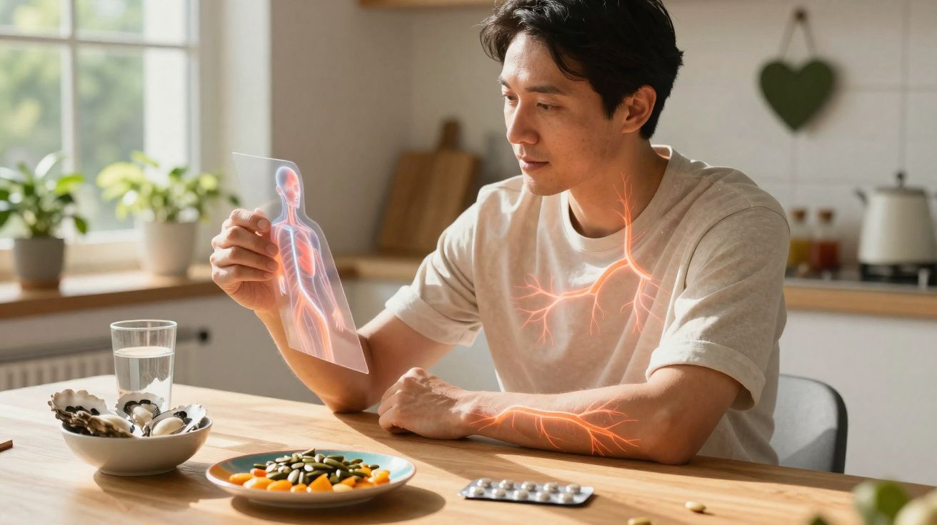 Homem sentado à mesa com alimentos e remédios, visualizando sistema nervoso em holograma.