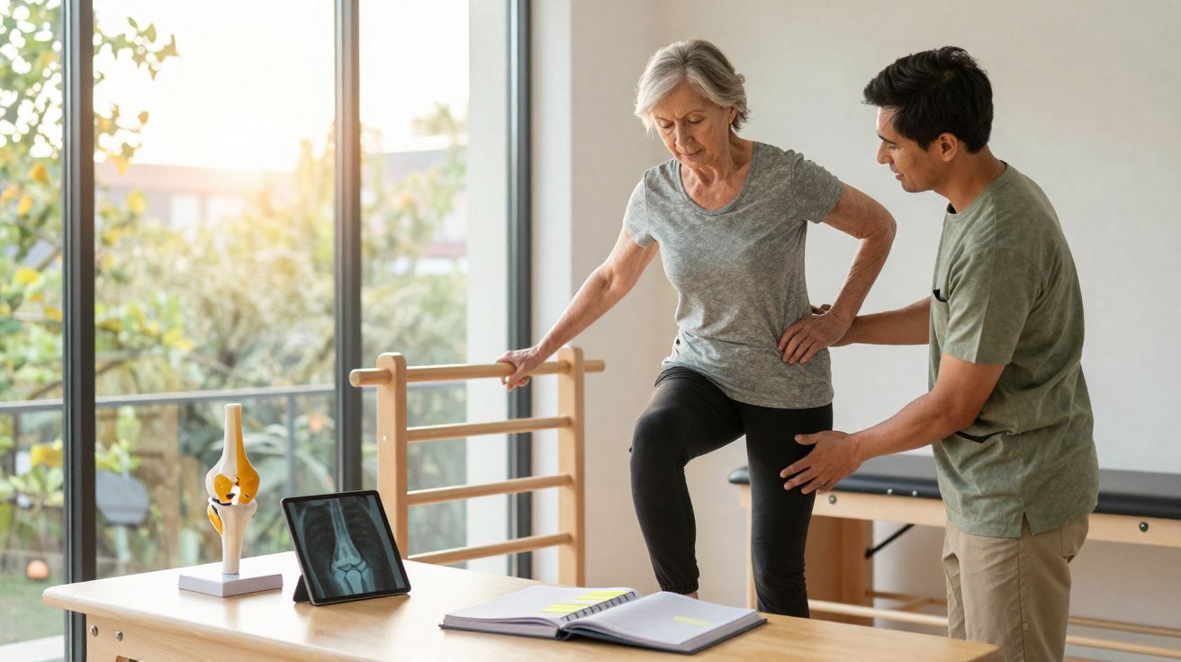 Mulher idosa recebendo fisioterapia para o joelho com fisioterapeuta em clínica iluminada.