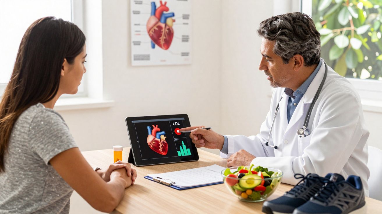 Médico consulta paciente mostrando imagem do coração e gráficos em tablet durante avaliação médica.