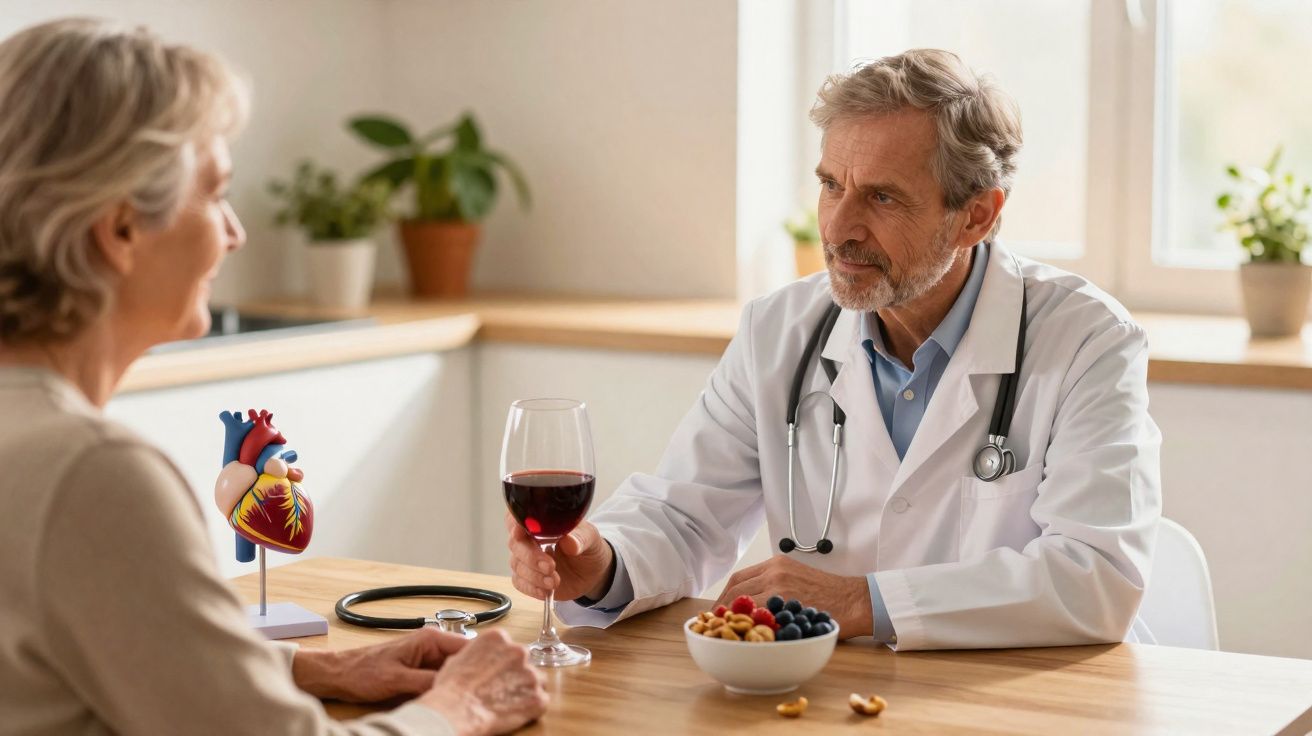 Médico conversando com paciente idosa, segurando taça de vinho vermelho em sala de consultório iluminada.