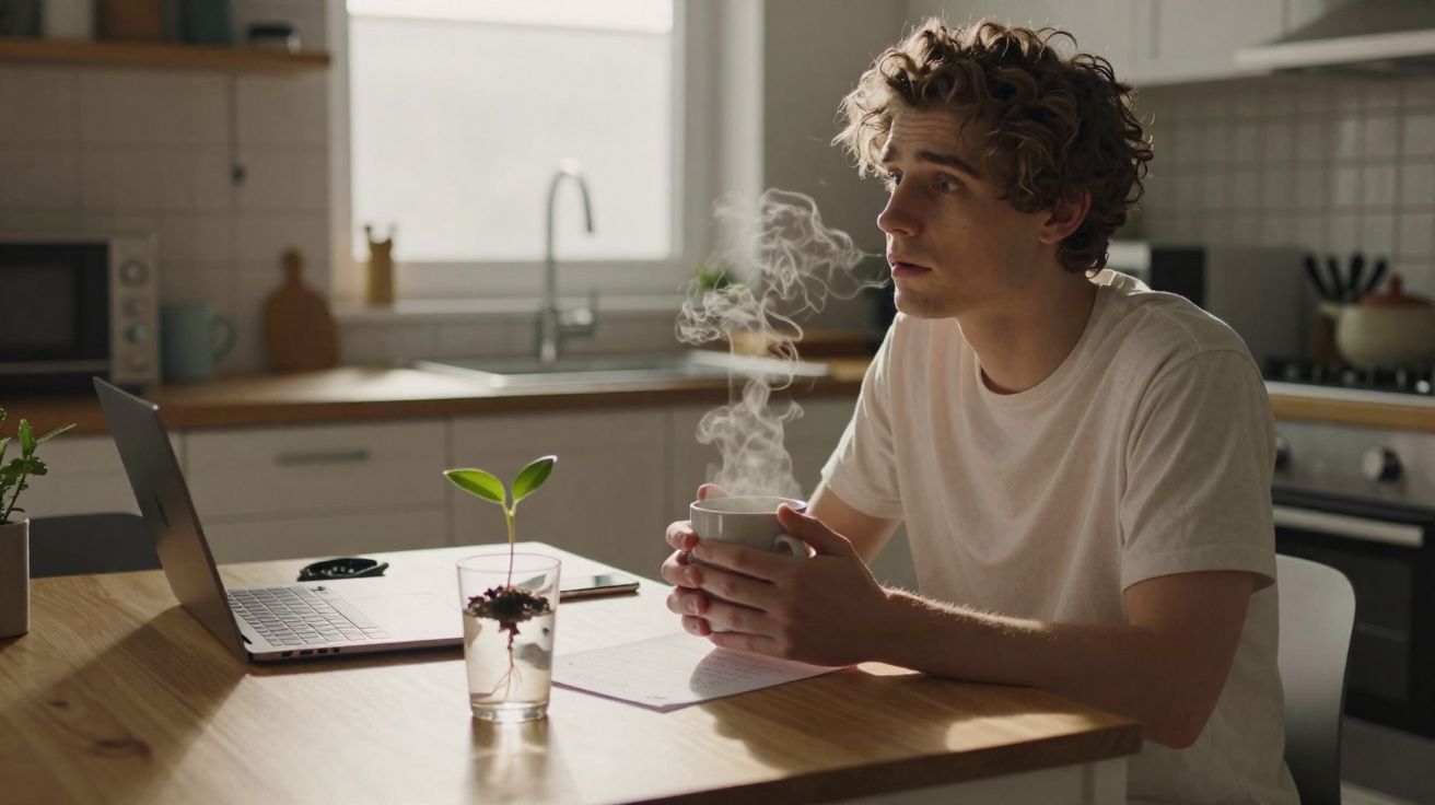 Jovem sentado à mesa na cozinha, segurando xícara quente com vapor, olhando para o lado, com laptop aberto.
